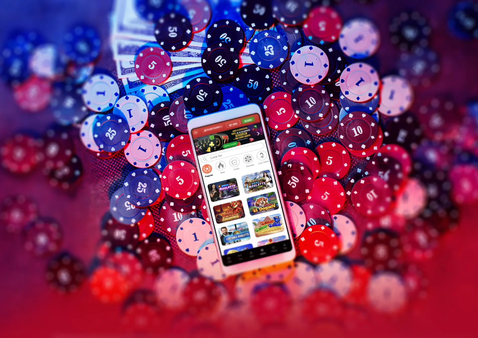 Ilustración de un smartphone que muestra una plataforma de apuestas deportivas en línea con juegos de casino.