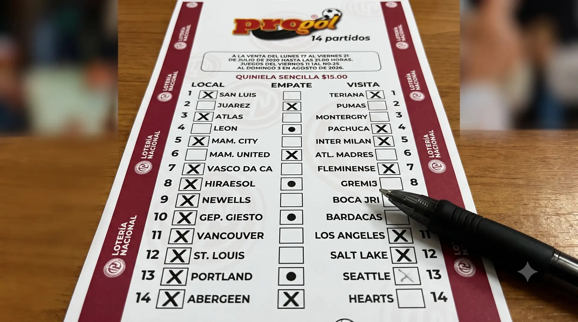 Foto de un volante de Progol con las casillas de Local, Empate y Visita marcadas para los 14 partidos.