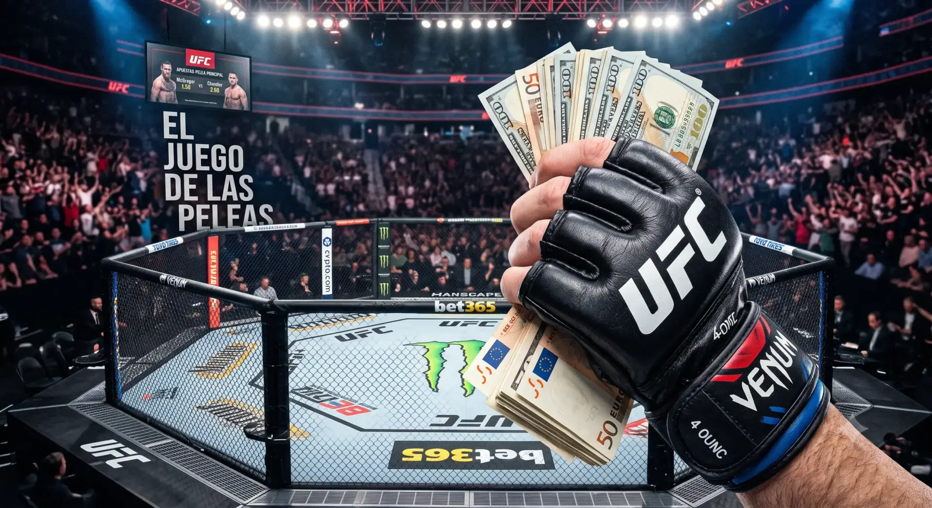 Mano con guante de UFC sosteniendo dinero frente a un octágono de MMA, representando el concepto de apuestas en las peleas de la UFC