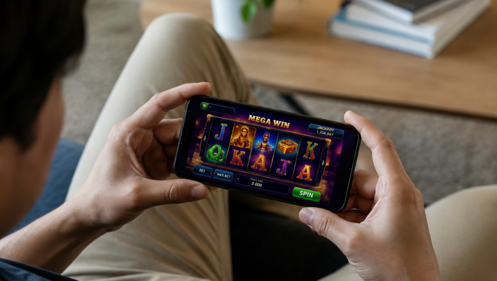 Hombre jugando en una aplicación de casino online desde su teléfono.