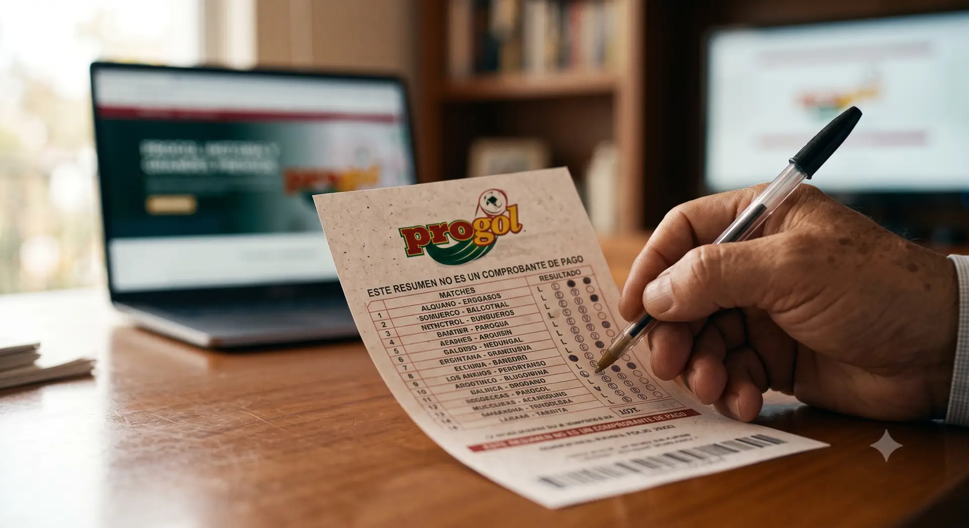 A close-up photograph marking predictions on a printed Progol football betting ticket