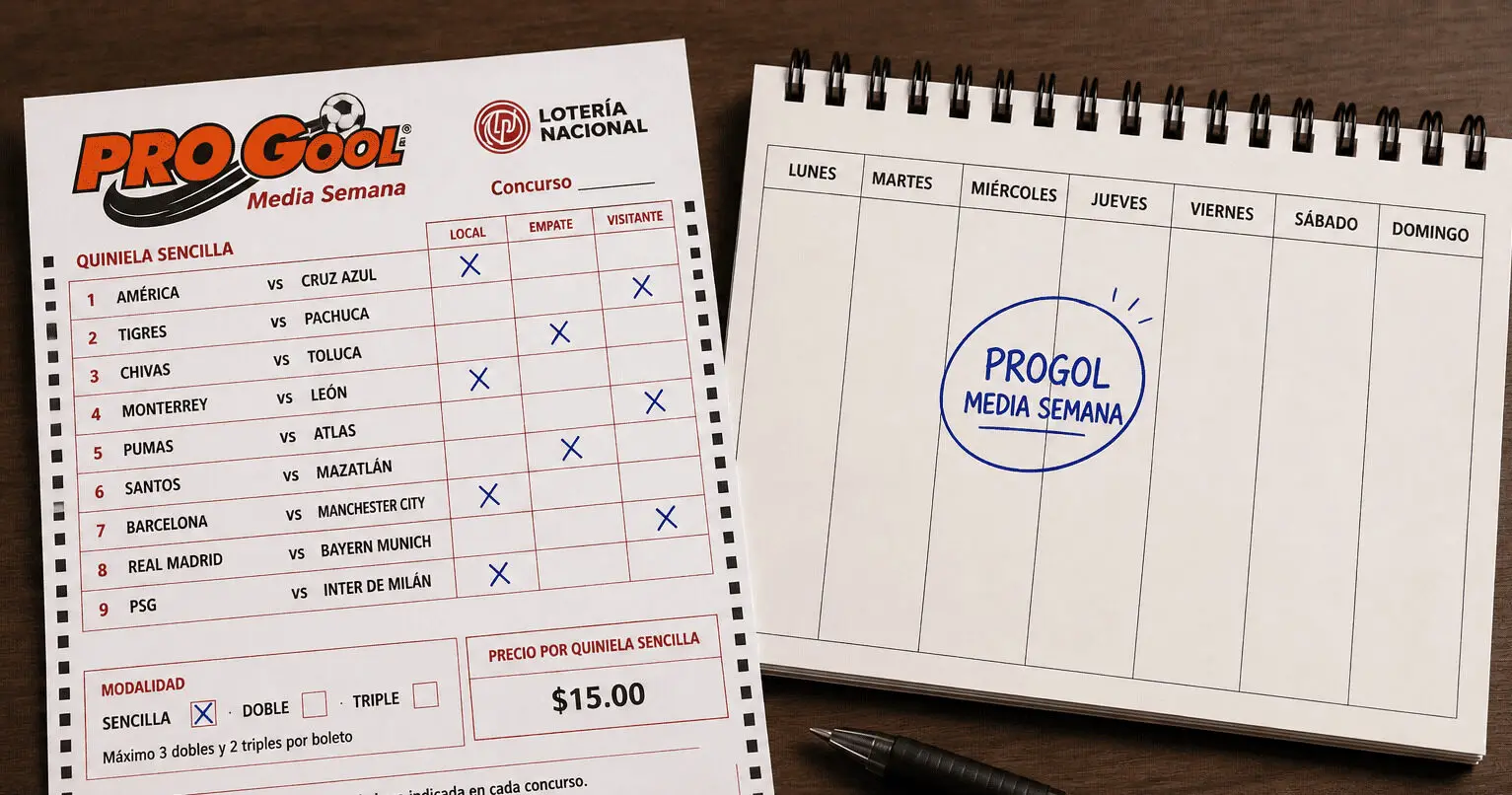 Boleto de Progol Media Semana con nueve partidos marcados junto a un calendario semanal.
