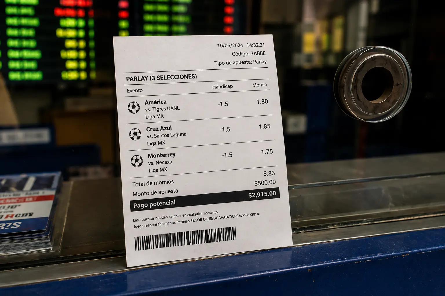 Boleto de apuestas combinadas en una casa de apuestas con tres selecciones de la Liga MX.