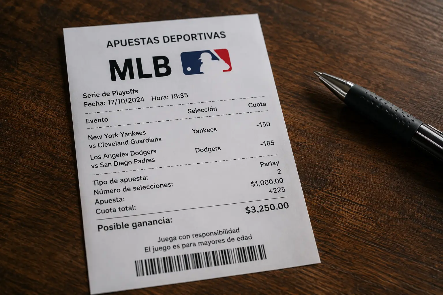 Boleto de apuestas deportivas de MLB con selecciones para los playoffs sobre una mesa de madera.