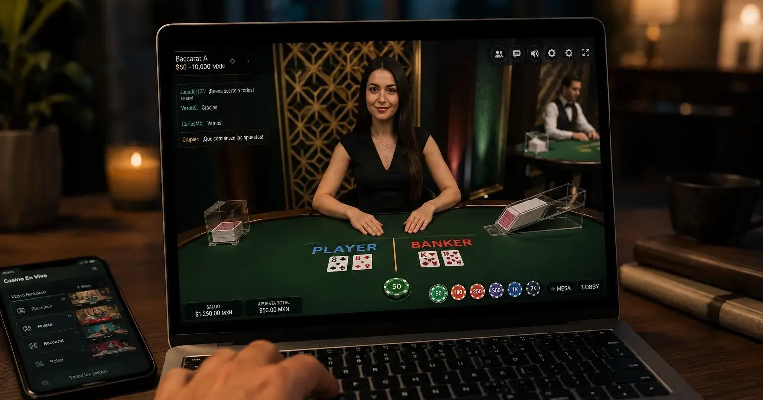 Persona jugando baccarat en un casino en vivo desde una laptop, con un crupier transmitido en directo y opciones de apuesta visibles en pantalla.