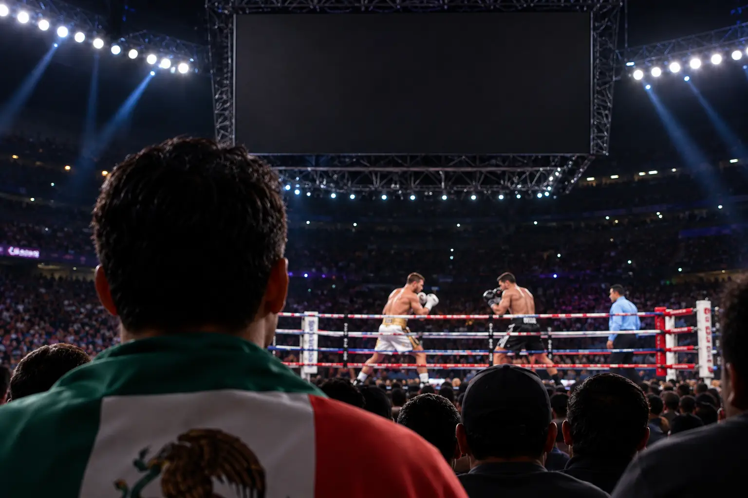 Arena de boxeo llena con dos peleadores compitiendo en el ring mientras los espectadores observan debajo de una gran pantalla.