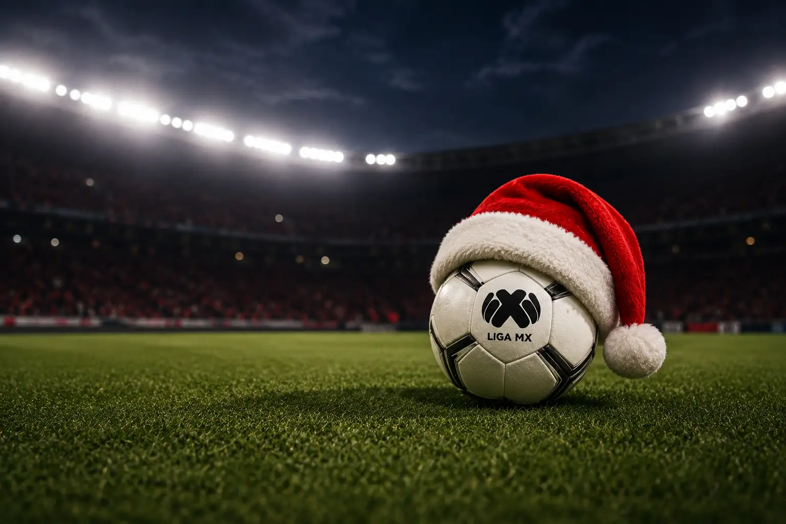 Un balón de la Liga MX con un gorro de Santa, que ilustra el aparentemente poco convencional calendario de la Liguilla del Apertura 2026.