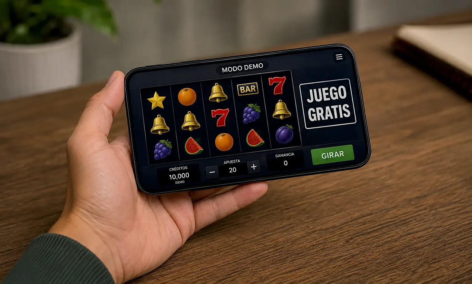 Pantalla de celular mostrando una tragamoneda en modo demo con el texto "juego gratis" visible.