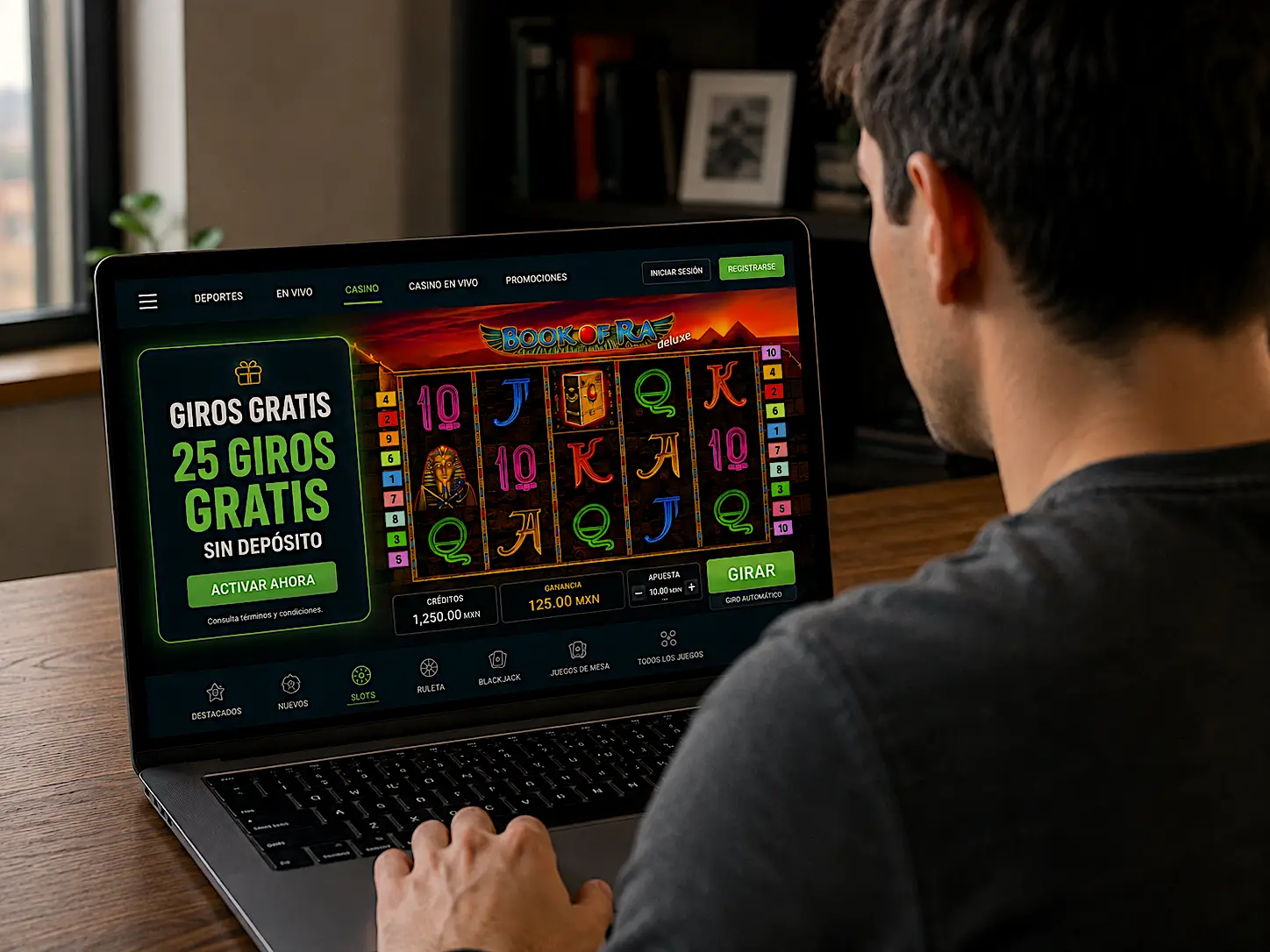 Pantalla de casino online mostrando una promoción de giros gratis activa sobre una tragamoneda.