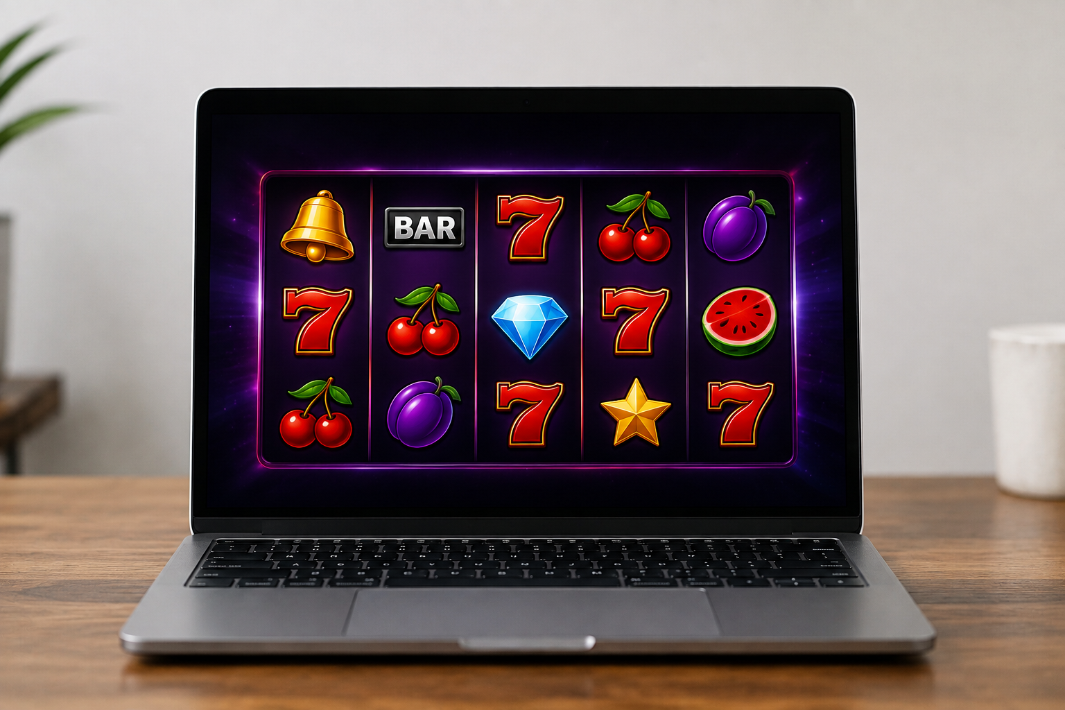 Máquina tragamonedas digital con carretes y símbolos de casino mostrada en la pantalla de una laptop.