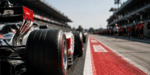 Neumático trasero de un monoplaza de Fórmula 1 en el pit lane de un circuito de carreras, con los boxes y el personal al fondo.