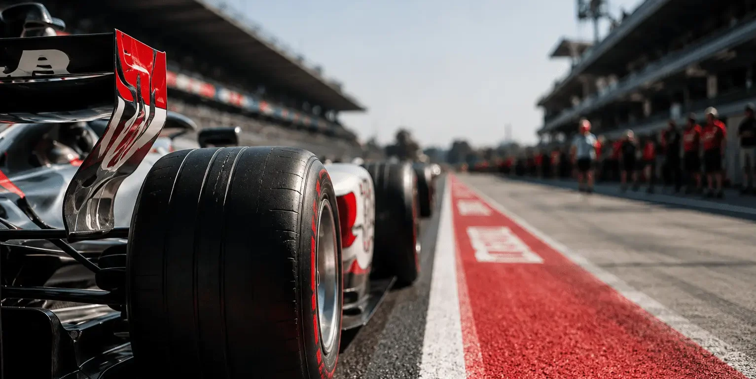 Neumático trasero de un monoplaza de Fórmula 1 en el pit lane de un circuito de carreras, con los boxes y el personal al fondo.