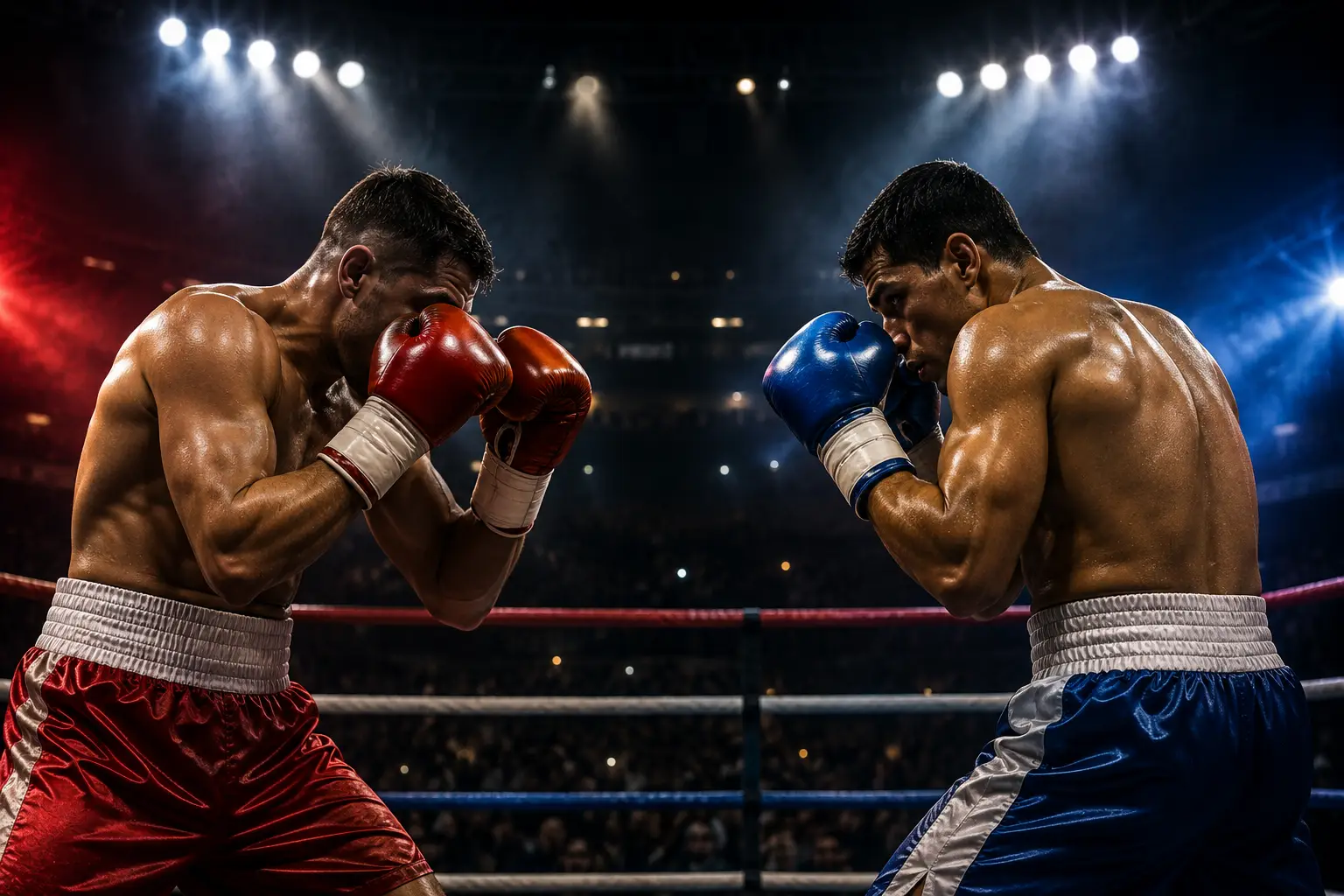 Dos boxeadores se enfrentan en un ring durante una pelea bajo las luces de un estadio lleno.