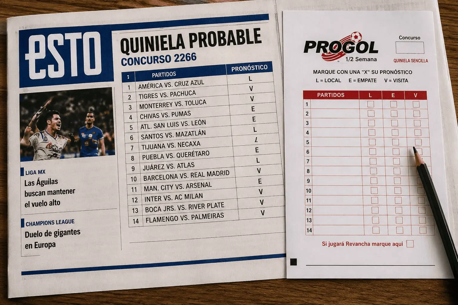 Periódico deportivo abierto en una sección de pronósticos junto a un boleto de Progol en blanco.