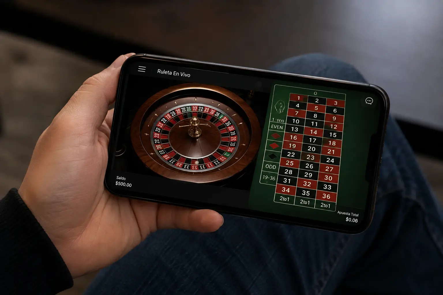 Persona jugando ruleta online en un teléfono móvil