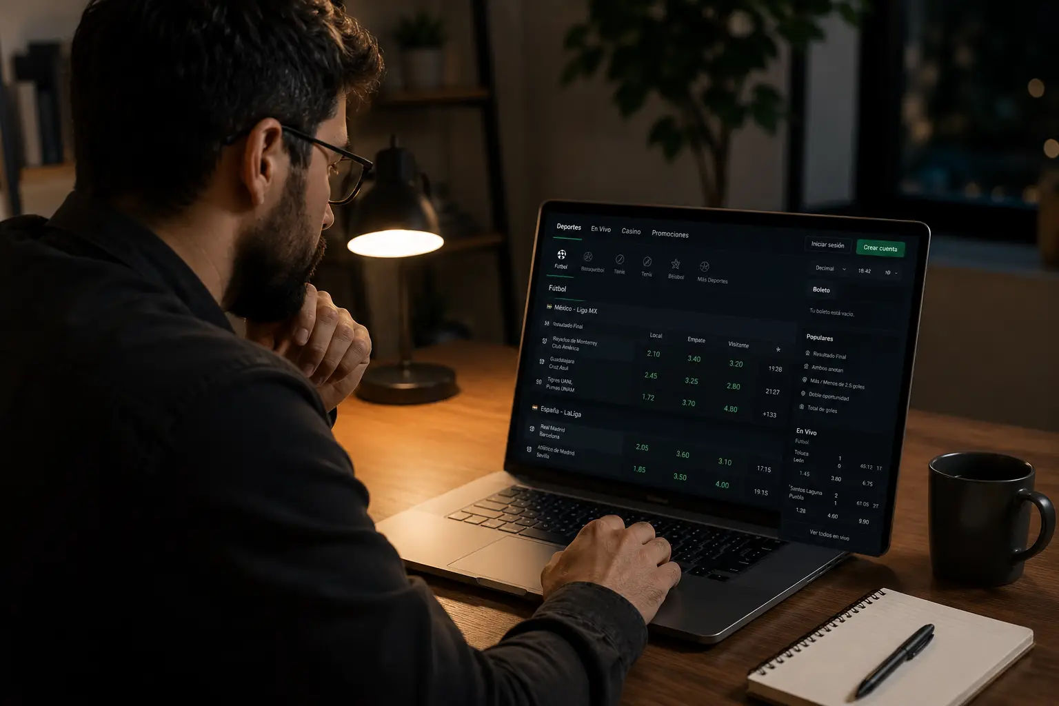 Un tipster de apuestas deportivas analiza las cuotas de apuestas de fútbol y los mercados de partidos en una laptop desde una oficina moderna en casa.