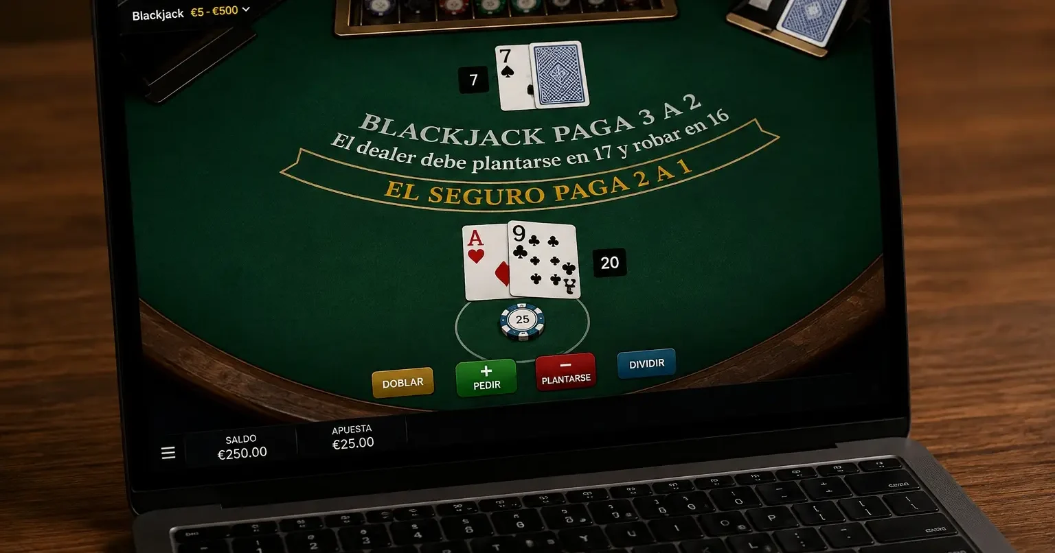 La gráfica muestra los componentes de una mesa de blackjack online, sin crupier y con cinco jugadores.