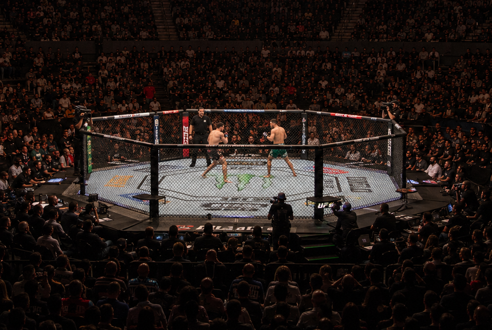 Pelea de UFC en la Arena Ciudad de México con un público que llena por completo las gradas.