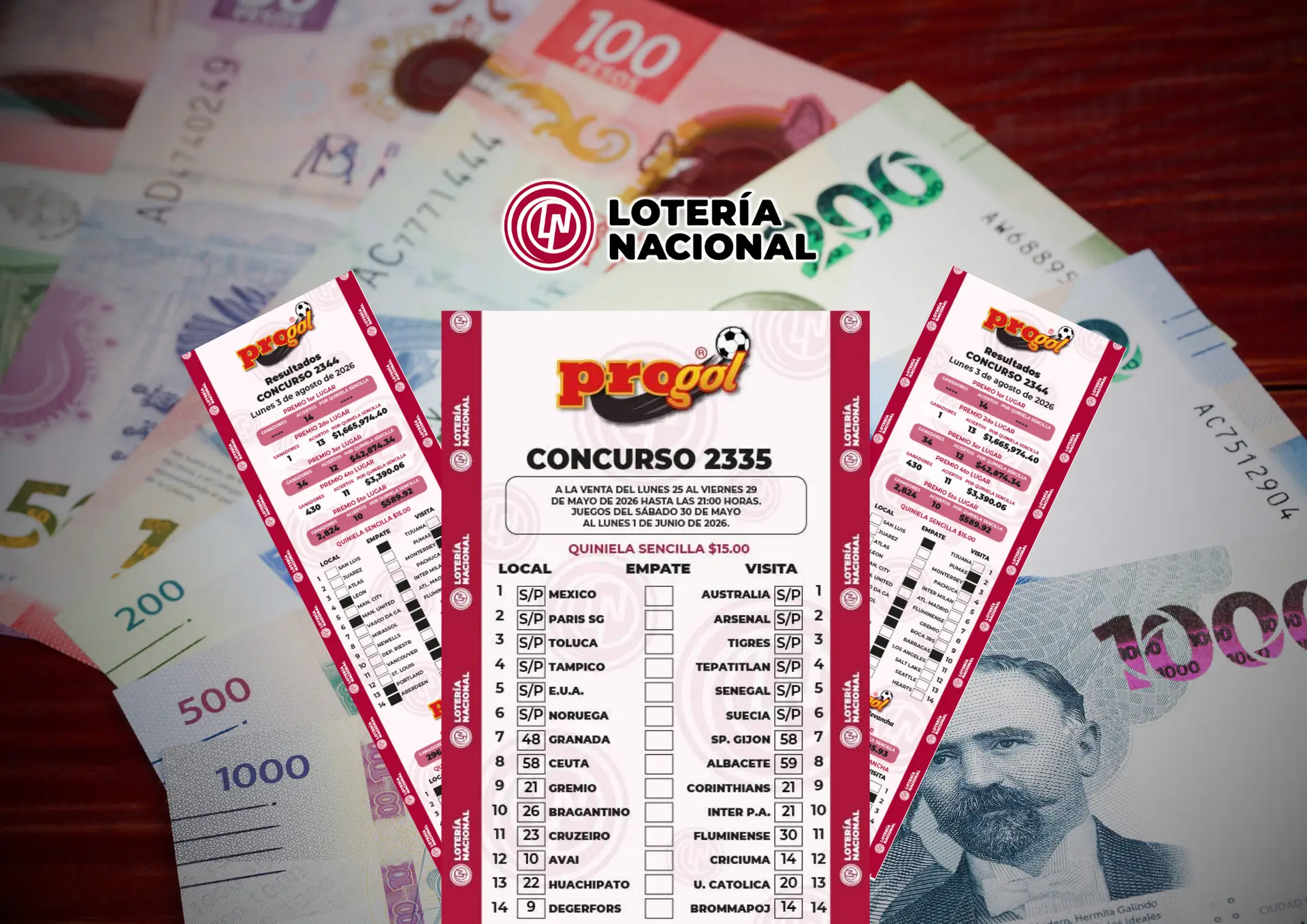 Ilustración de boletos Progol y resultados sobre billetes de pesos mexicanos.