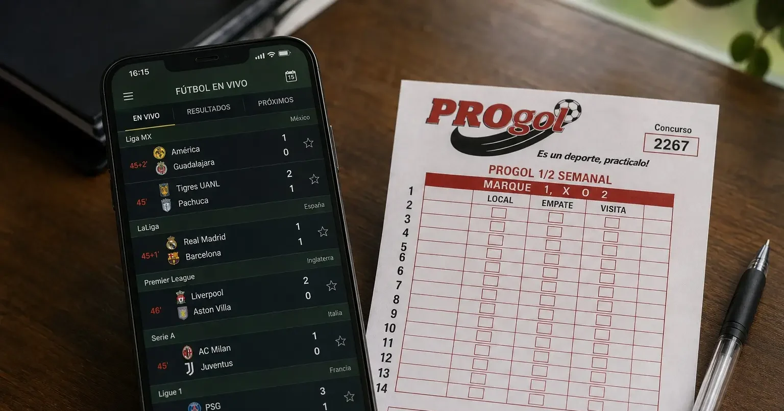 Marcadores de fútbol en vivo junto a boleto de Progol sin resultado