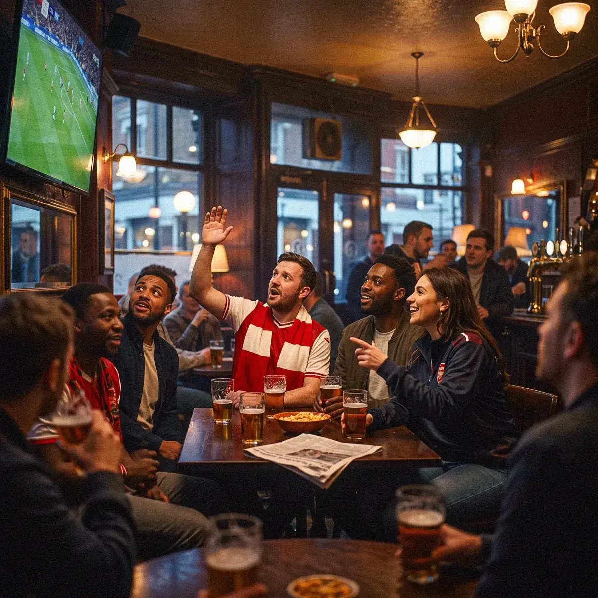 Aficionados en un bar ven un partido de futbol en una pantalla