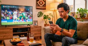 Aficionado revisa apuestas gratis en su celular durante un partido en vivo