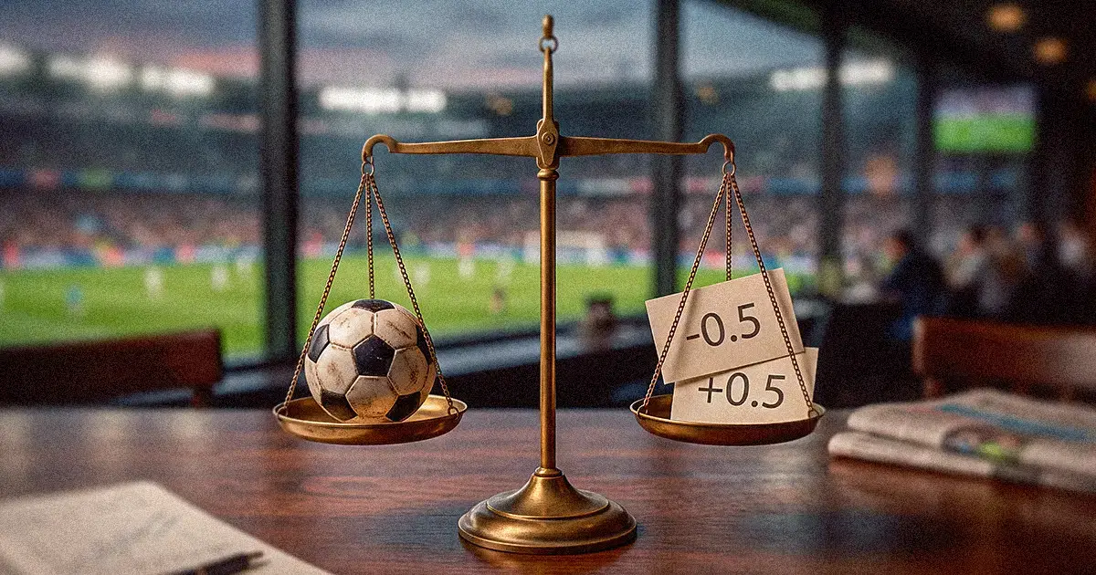 Balanza con un balón de futbol y un boleto de hándicap frente a un estadio