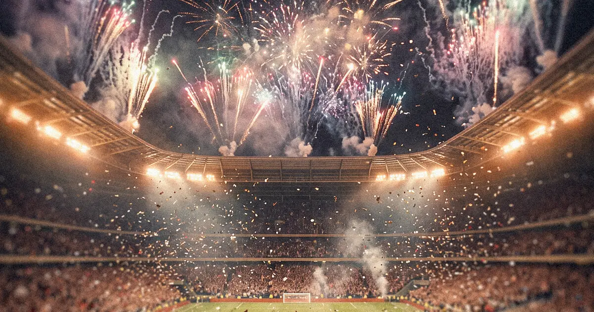 Fuegos artificiales iluminan un estadio de futbol lleno durante una final nocturna