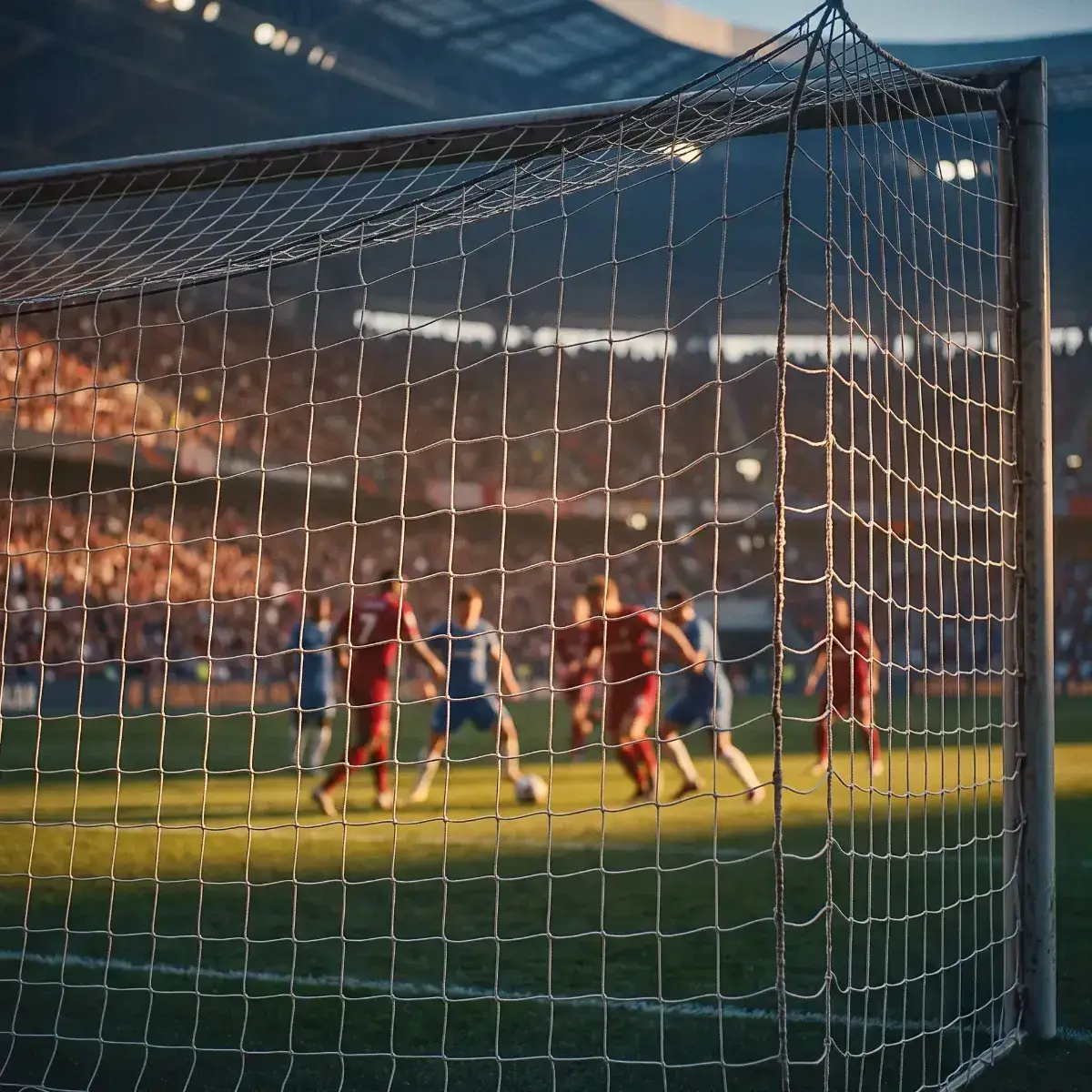 Jugadores disputan el balón vistos a través de la red de portería