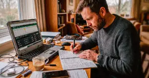 Hombre analiza datos de apuestas deportivas en su laptop y toma notas