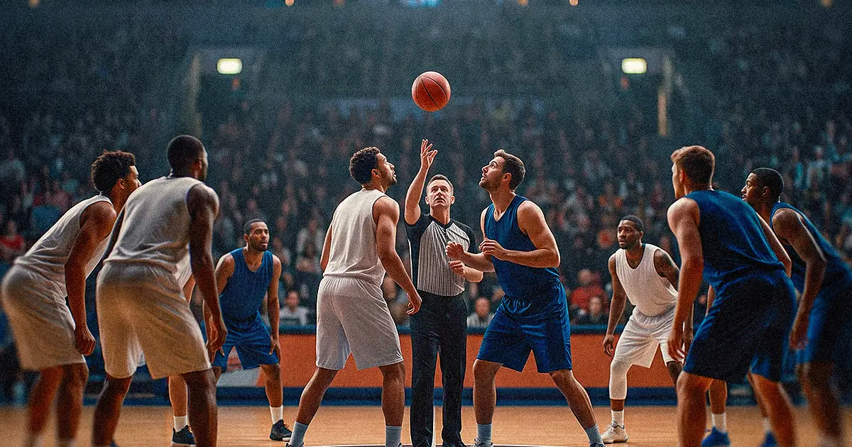 Salto inicial en un partido de basquetbol, momios Nuggets vs. Pacers