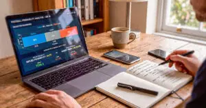 Persona calcula la probabilidad implícita de los momios en su laptop y libreta