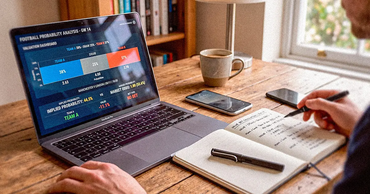 Persona calcula la probabilidad implícita de los momios en su laptop y libreta