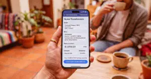 Mano sostiene un celular con una transferencia en curso mientras espera un retiro