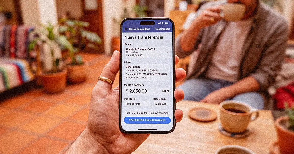 Mano sostiene un celular con una transferencia en curso mientras espera un retiro