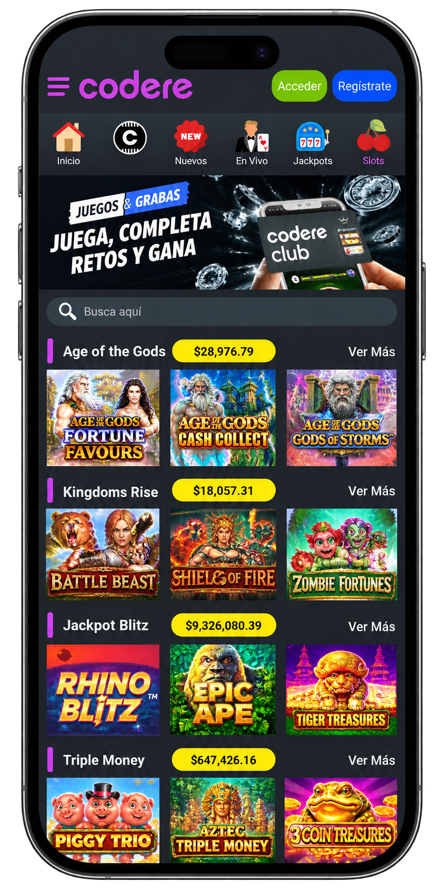 Codere Casino en el móvil: sección de jackpots con Age of the Gods y Jackpot Blitz