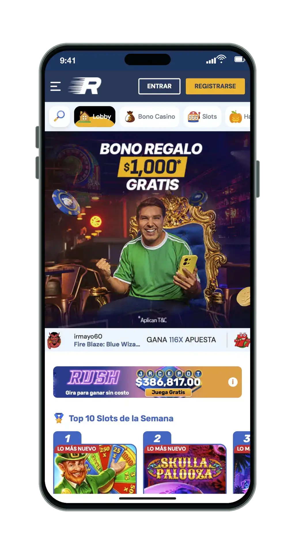 Rushbet en el móvil: lobby del casino con el bono de regalo