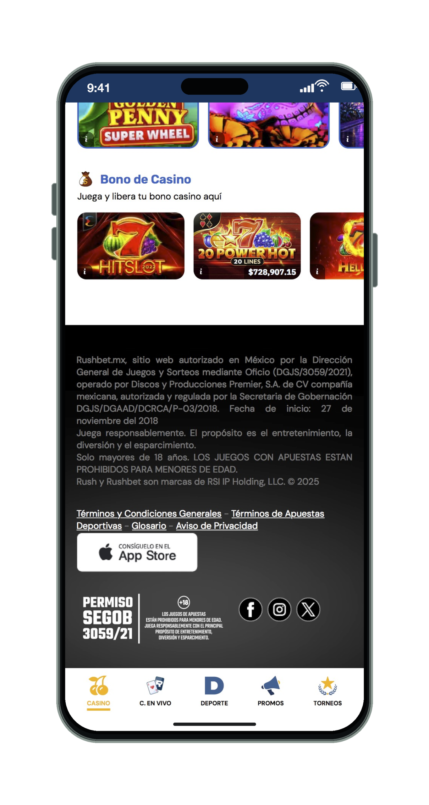 Rushbet en el móvil: juegos del bono de casino y pie con el permiso SEGOB