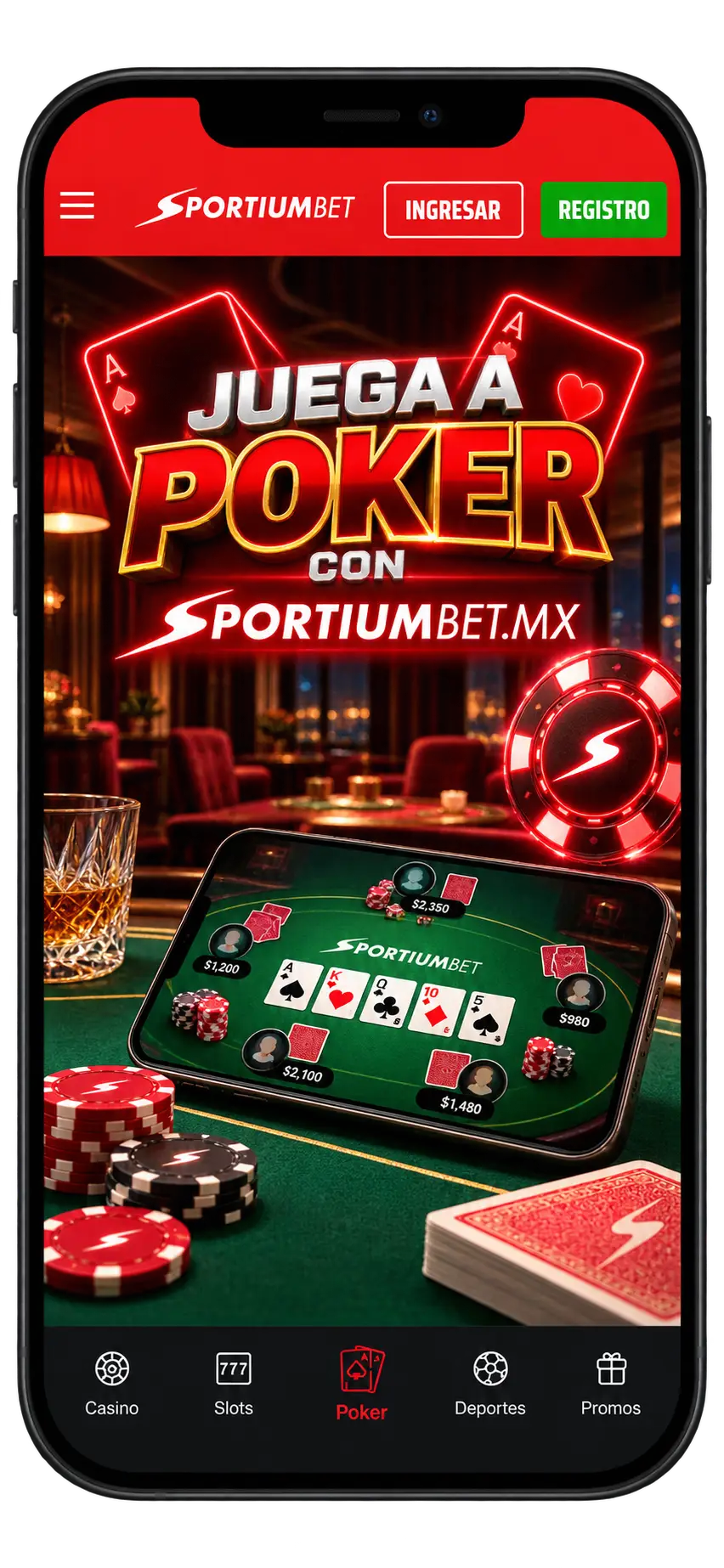 SportiumBet en el móvil: página de póker