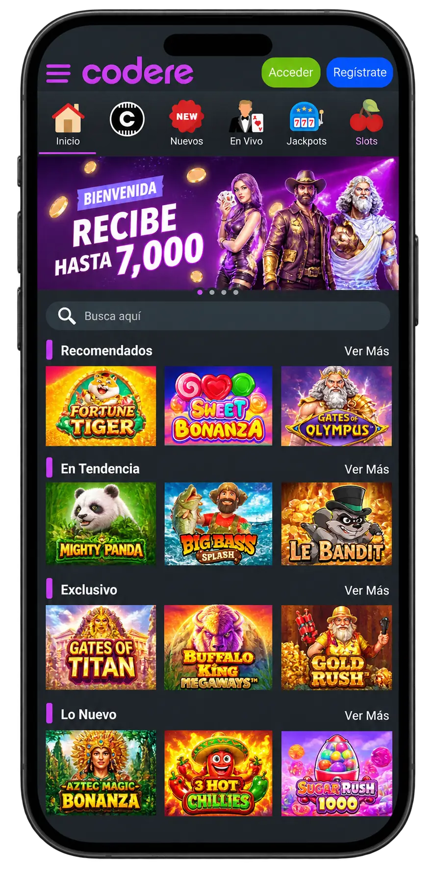 Codere Casino en el móvil: inicio del casino con recomendados, en tendencia, exclusivos y lo nuevo