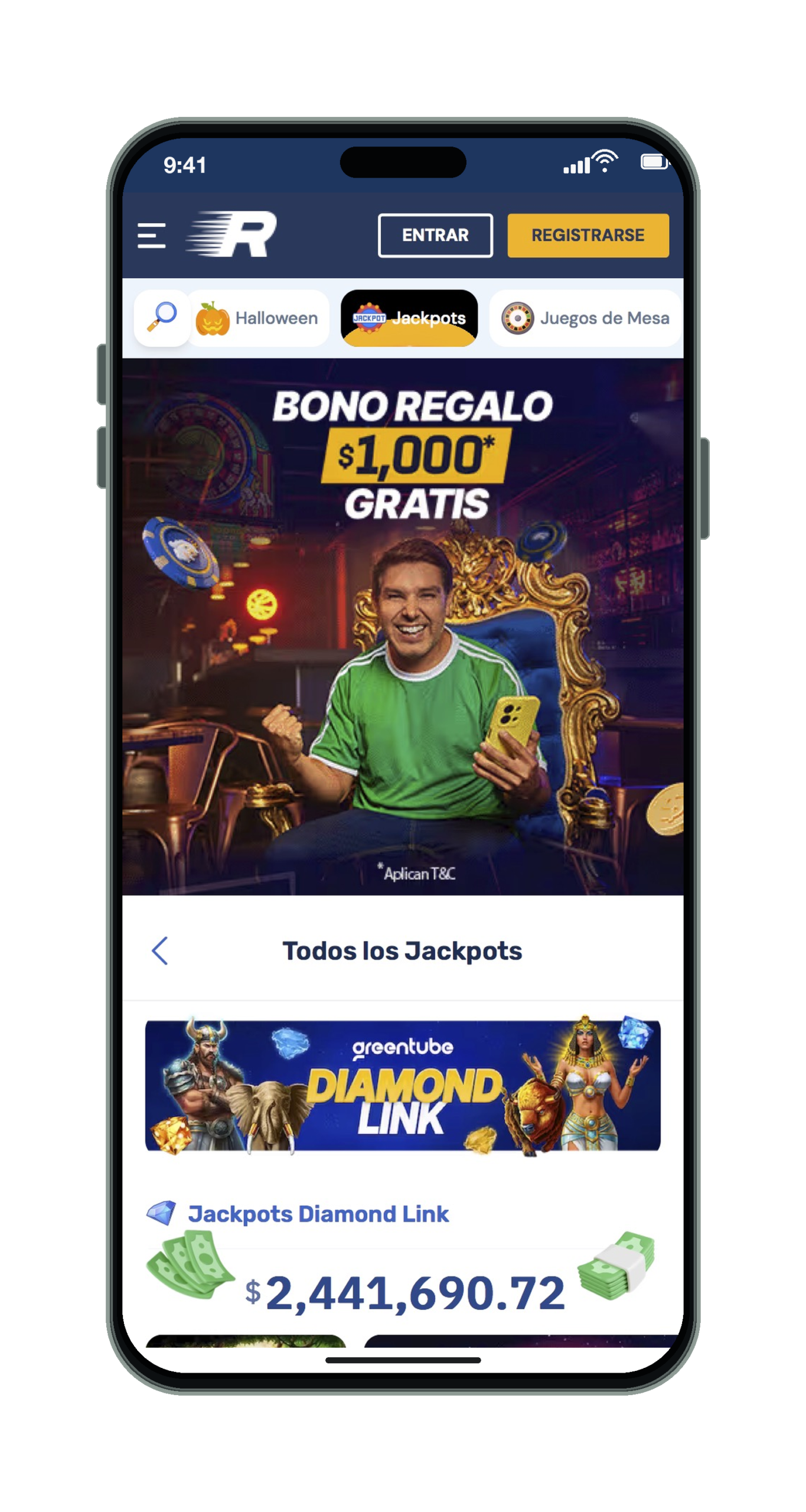Rushbet en el móvil: sección de jackpots del casino