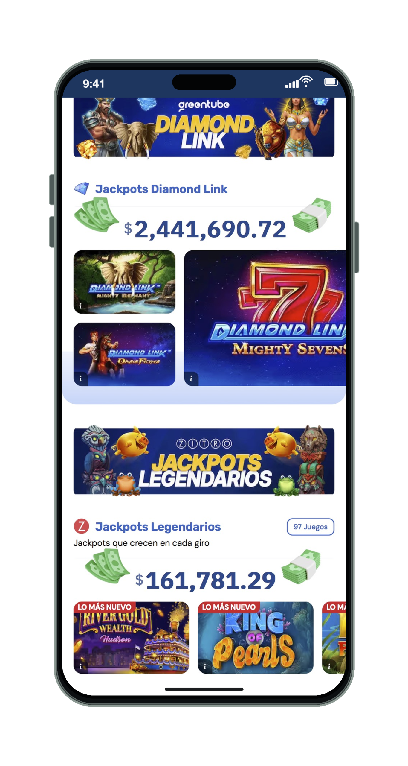 Rushbet en el móvil: jackpots Diamond Link y Jackpots Legendarios