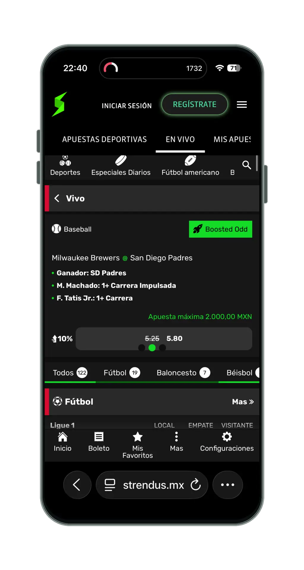 Strendus en el móvil: sección de apuestas en vivo