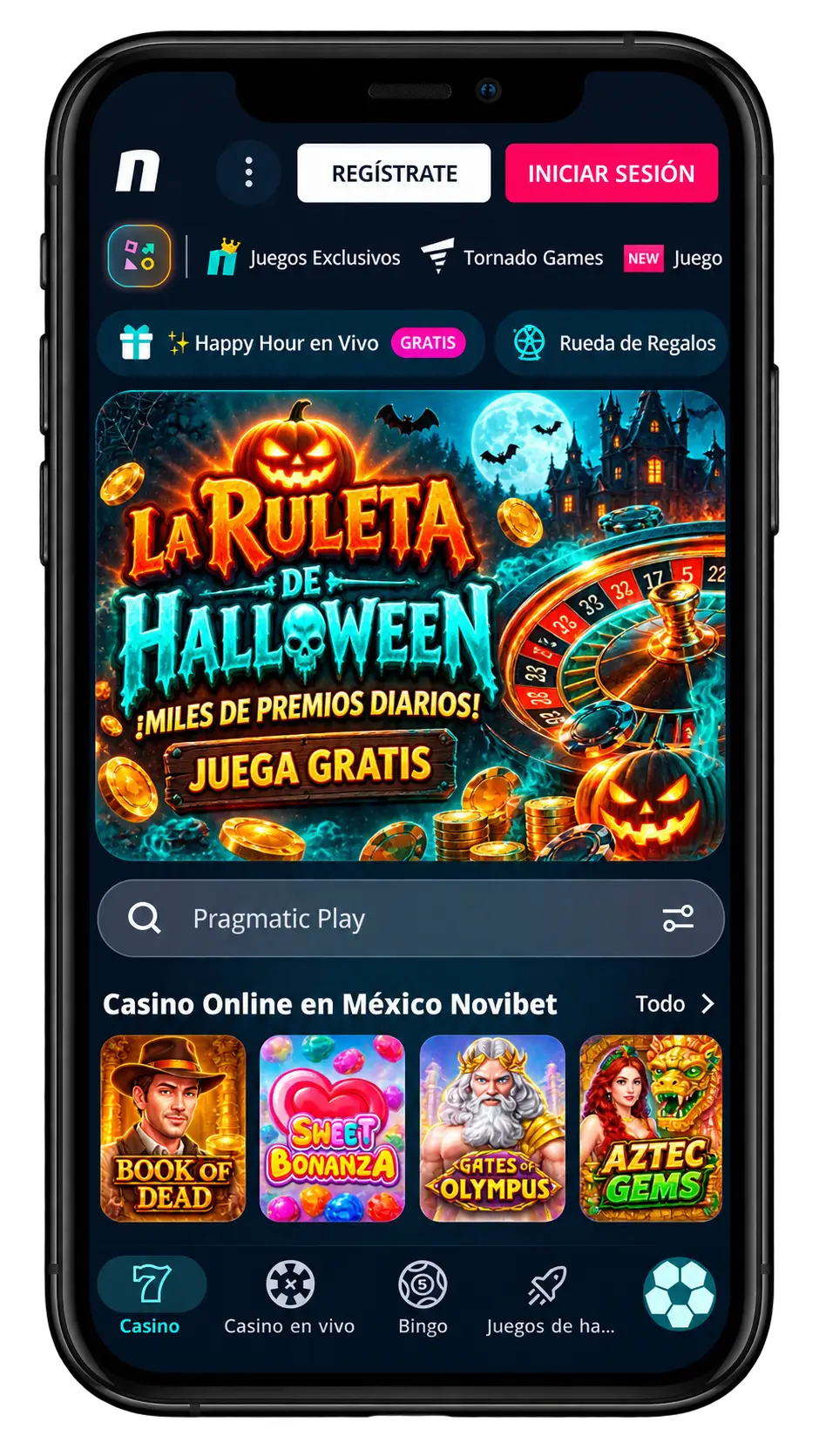 Novibet Casino en el móvil: lobby del casino con la Ruleta de Halloween