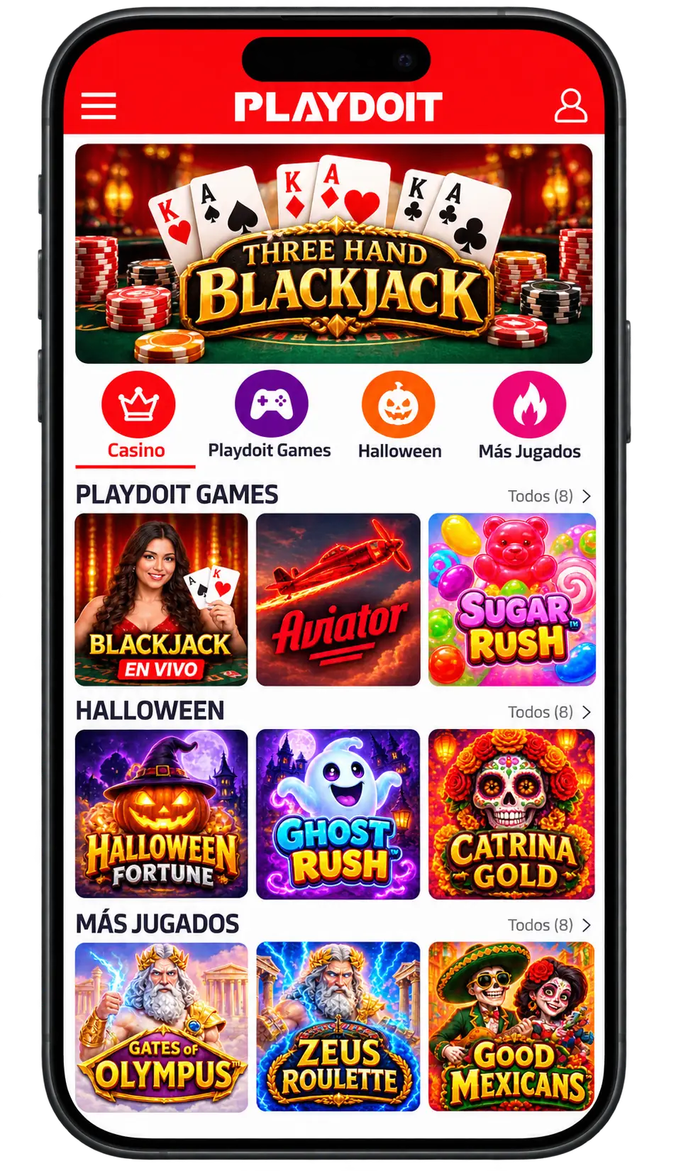 Playdoit Casino en el móvil: lobby con Playdoit Games, Halloween y los más jugados