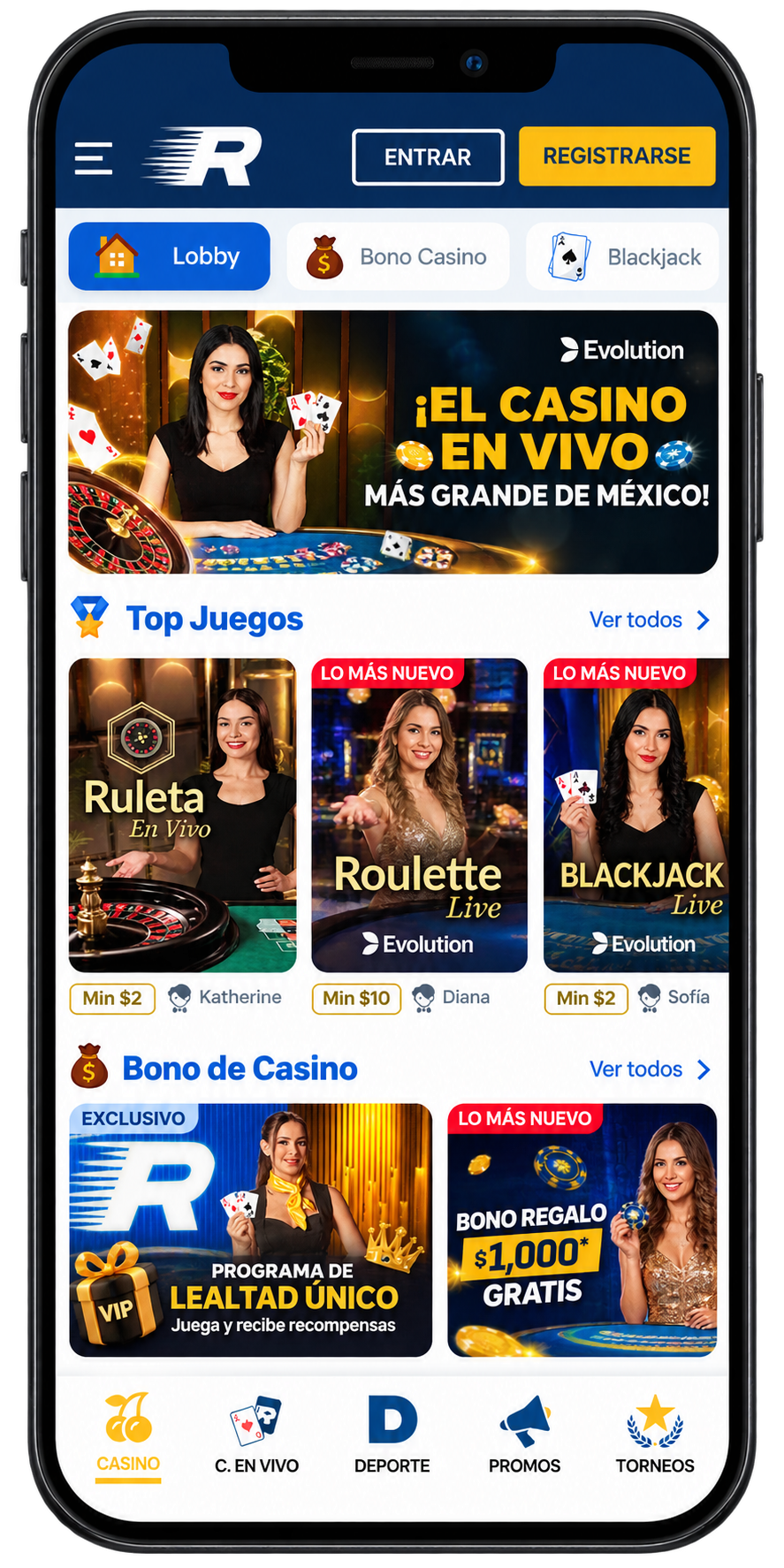Rushbet Casino en el móvil: lobby con casino en vivo, top juegos y bono de casino