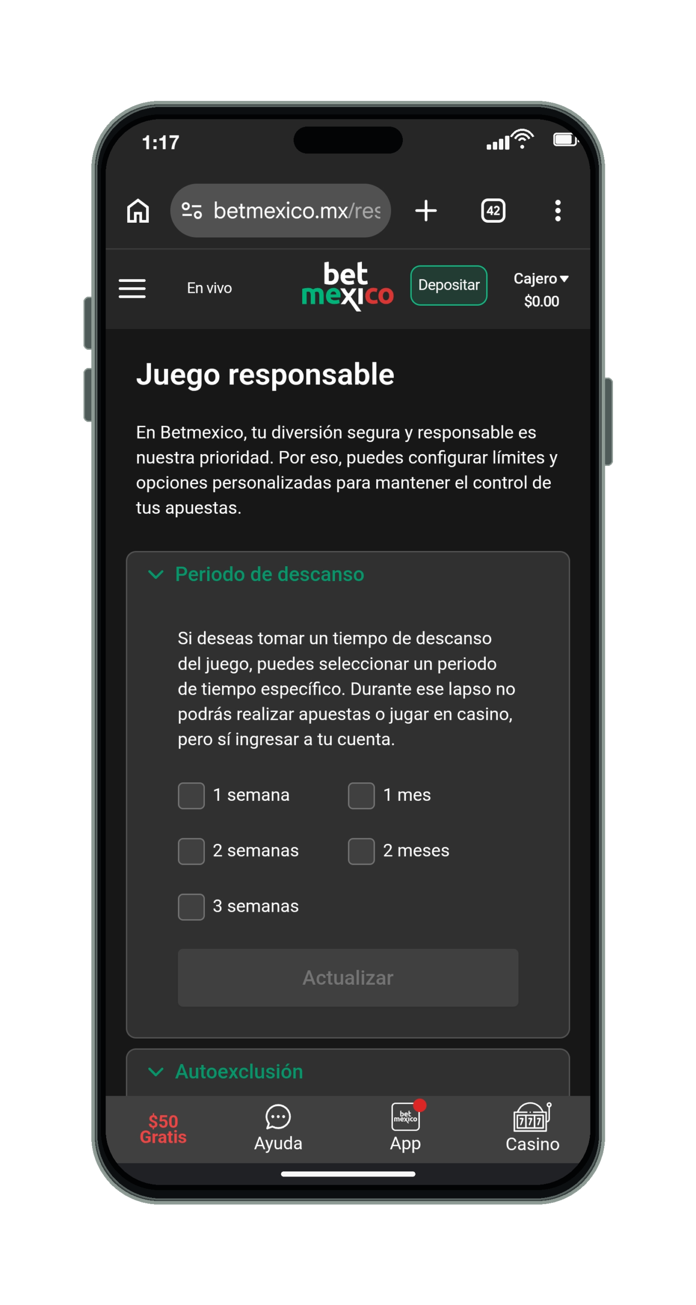 BetMexico en el móvil: sección de juego responsable