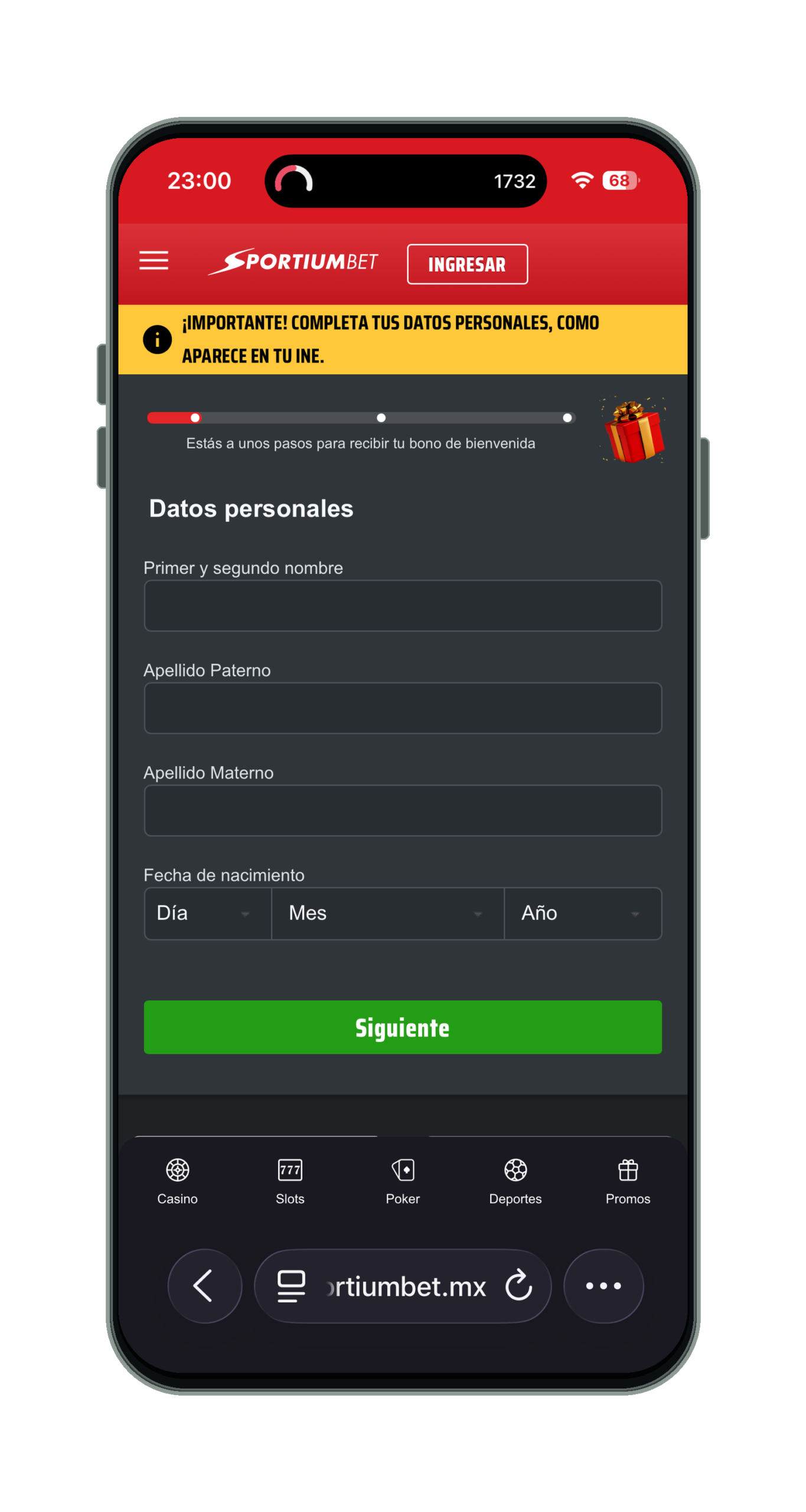 Registro en SportiumBet desde el móvil: datos personales, paso 1 de 3
