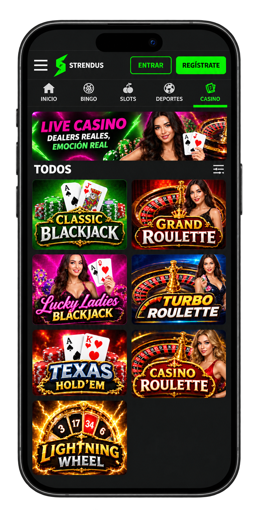 Strendus Casino en el móvil: mesas en vivo de blackjack, ruleta y póker