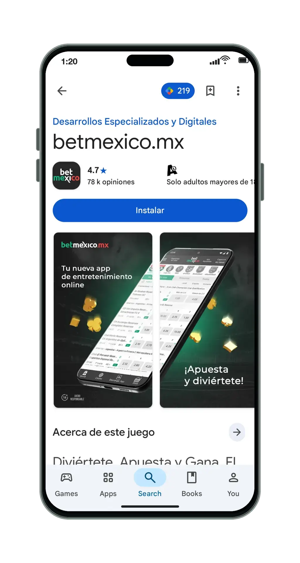 Ficha de la app de BetMexico en Google Play